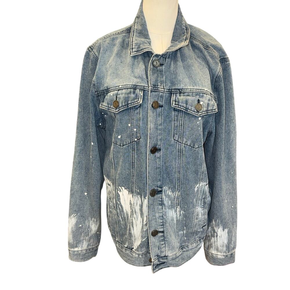 Reason Denim Jacket Paint Splatter Distressed Blue Trucker Size L